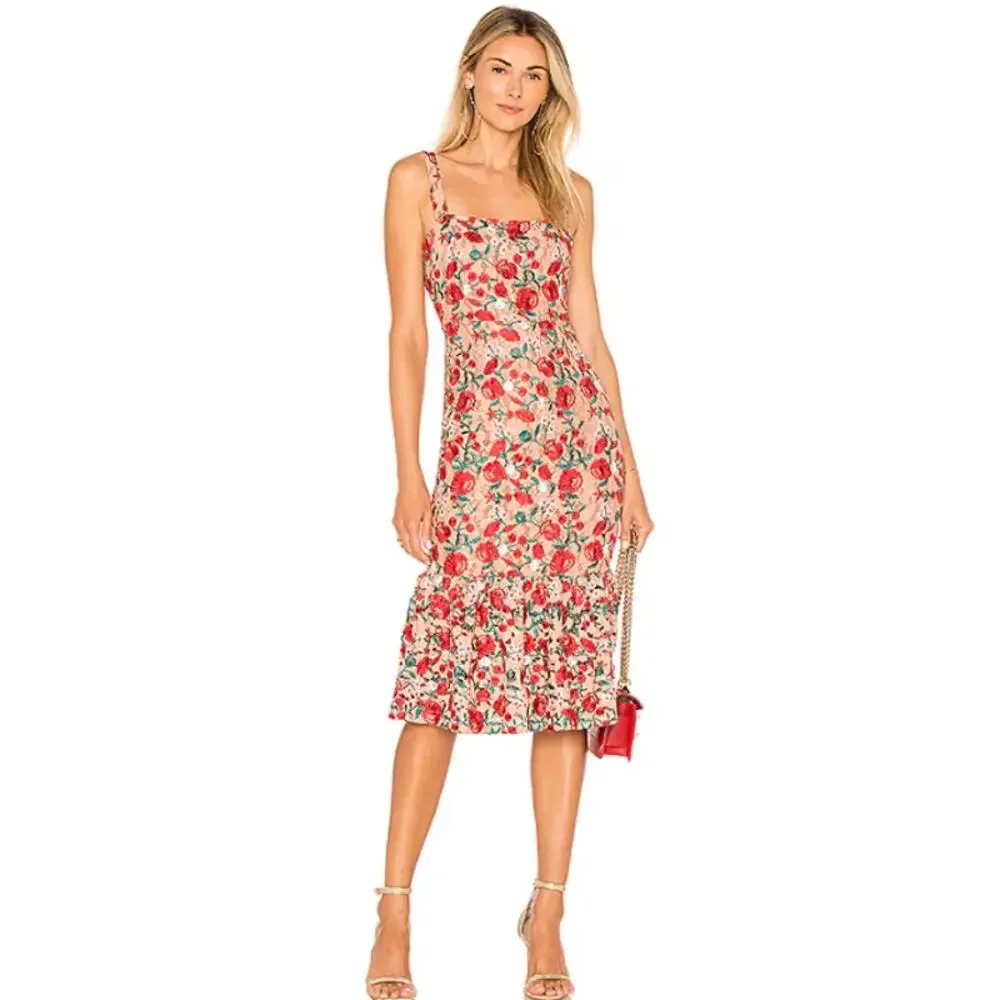 Lovers + Friends Under the Stars Midi Dress Floral Lace Ruffle Cottagecore Nude - Picture 11 of 15